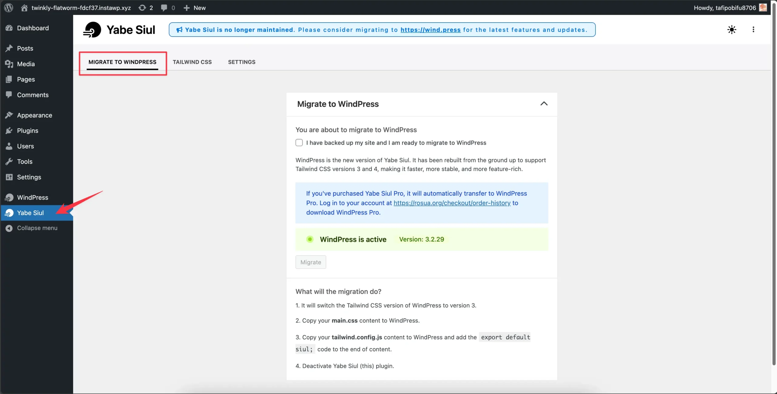 Navigate to the Migration tab