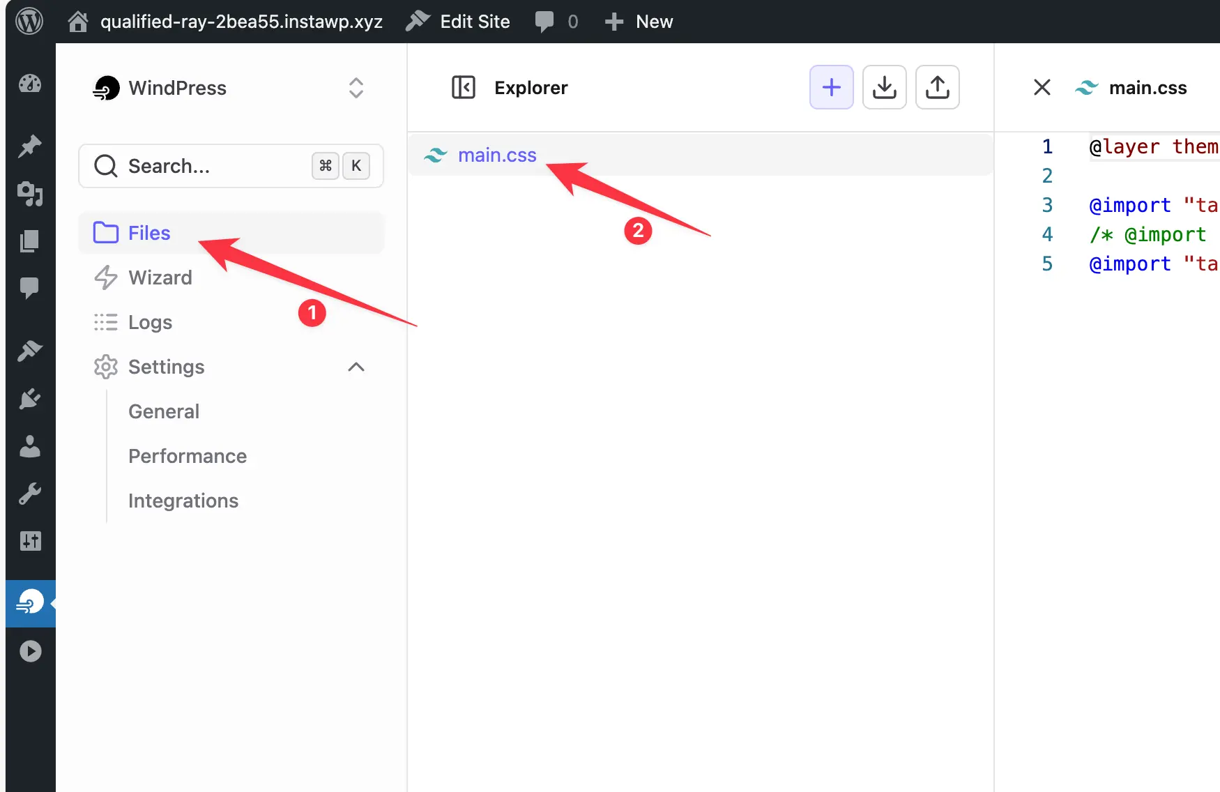 Switch to main.css file editor tab