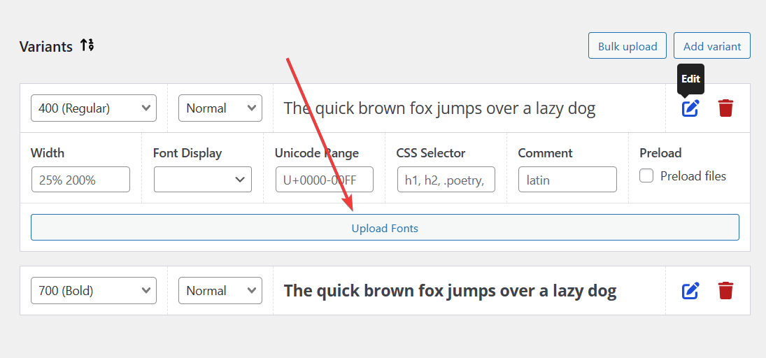 Upload Fonts button