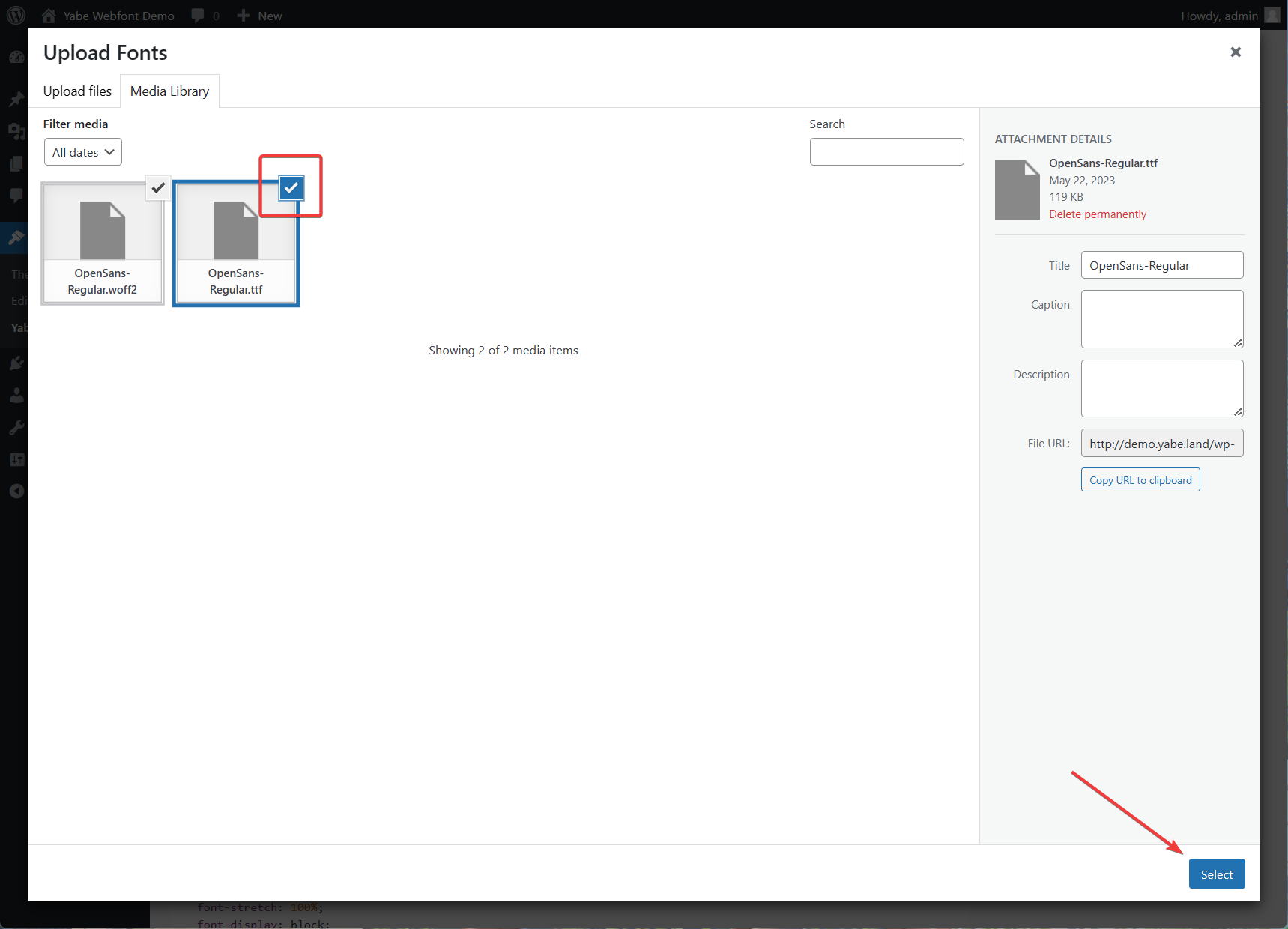 Uploading font files with WordPress media uploader