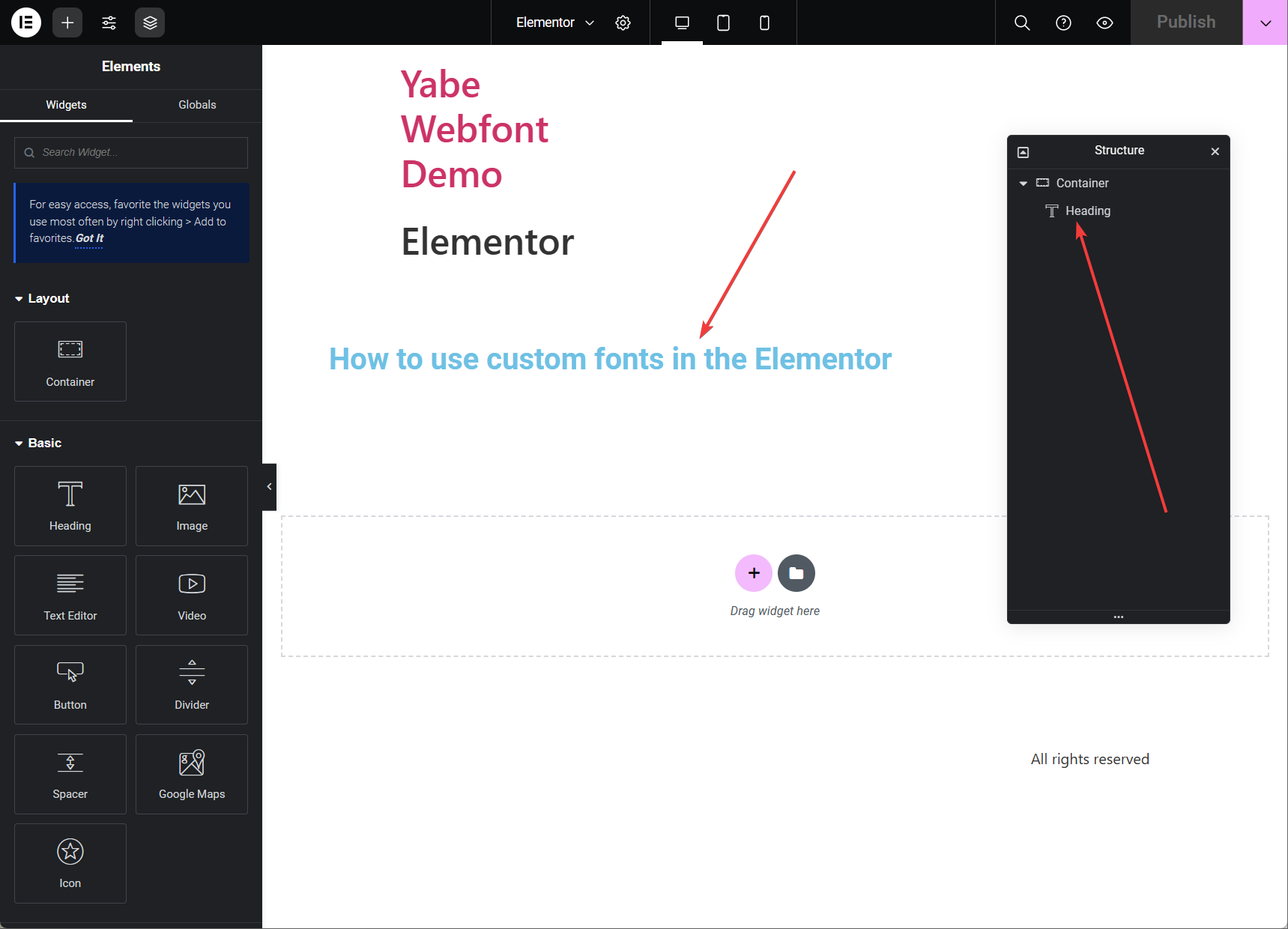 Choose the text element in Elementor