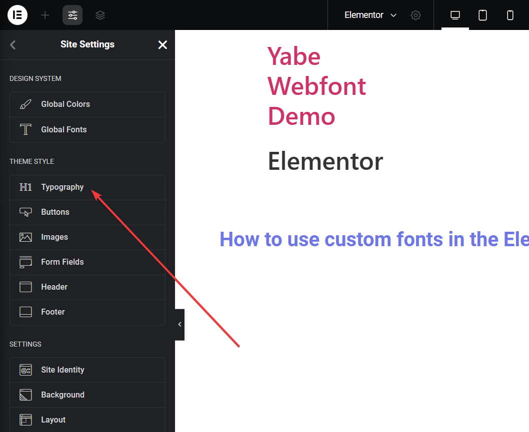 Typography menu under Theme Style