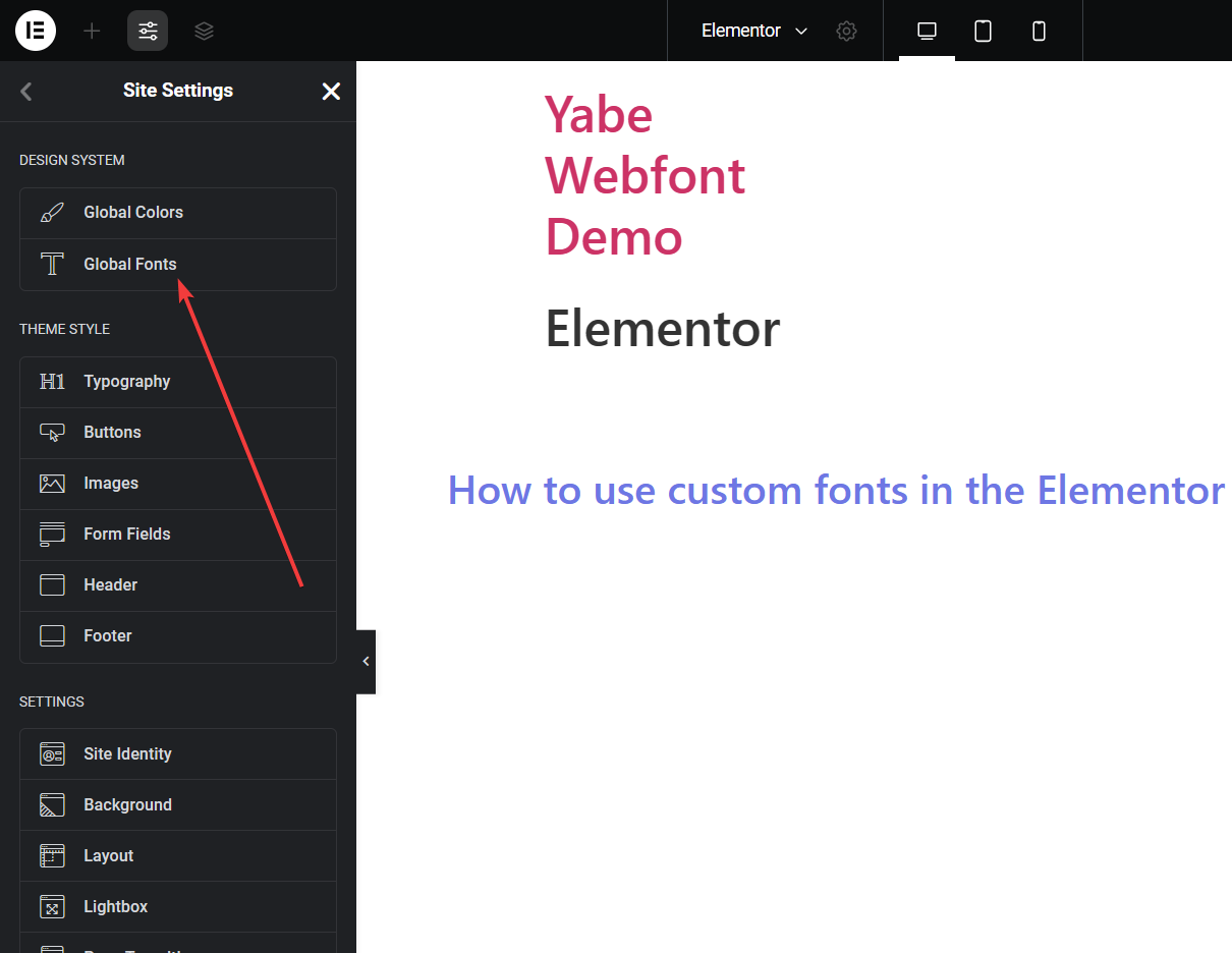 Global Fonts menu under Design System