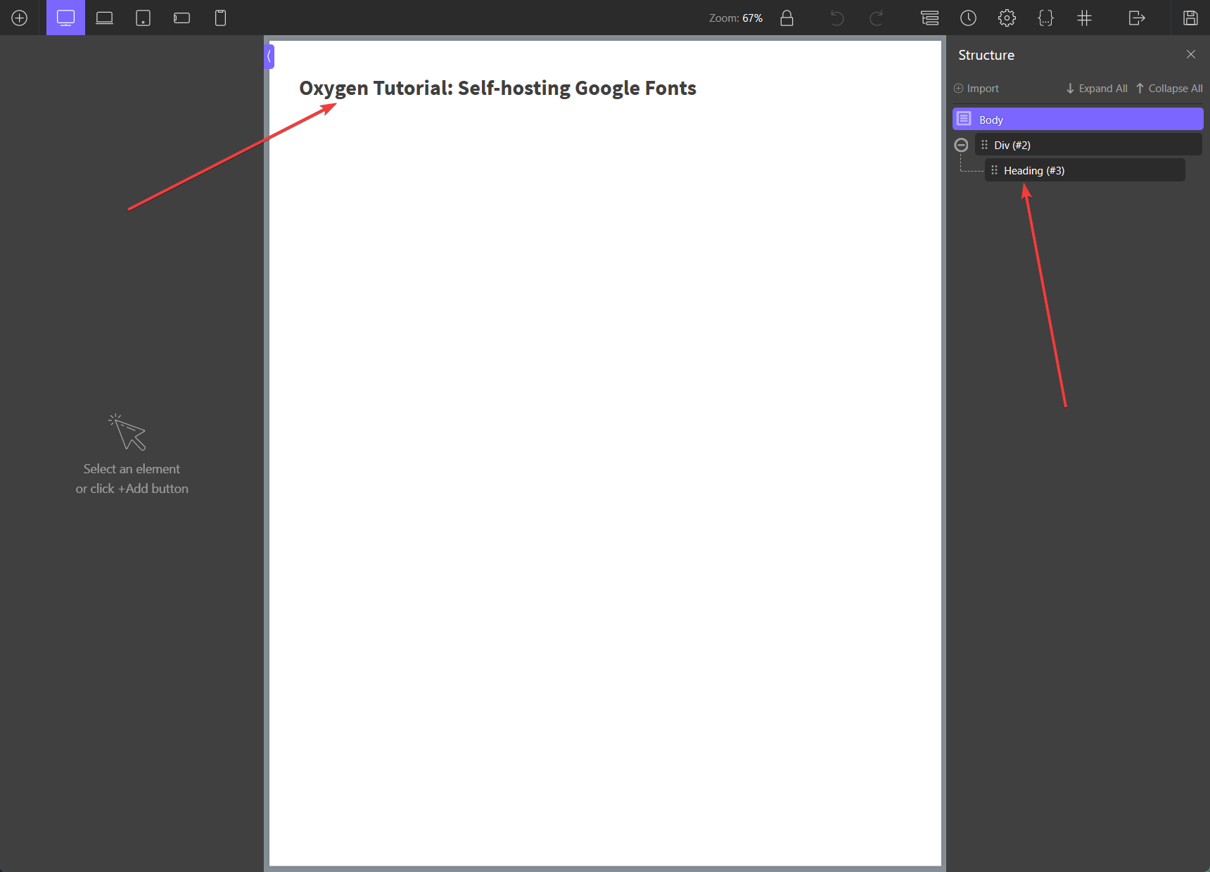 Choose the text element in Oxygen