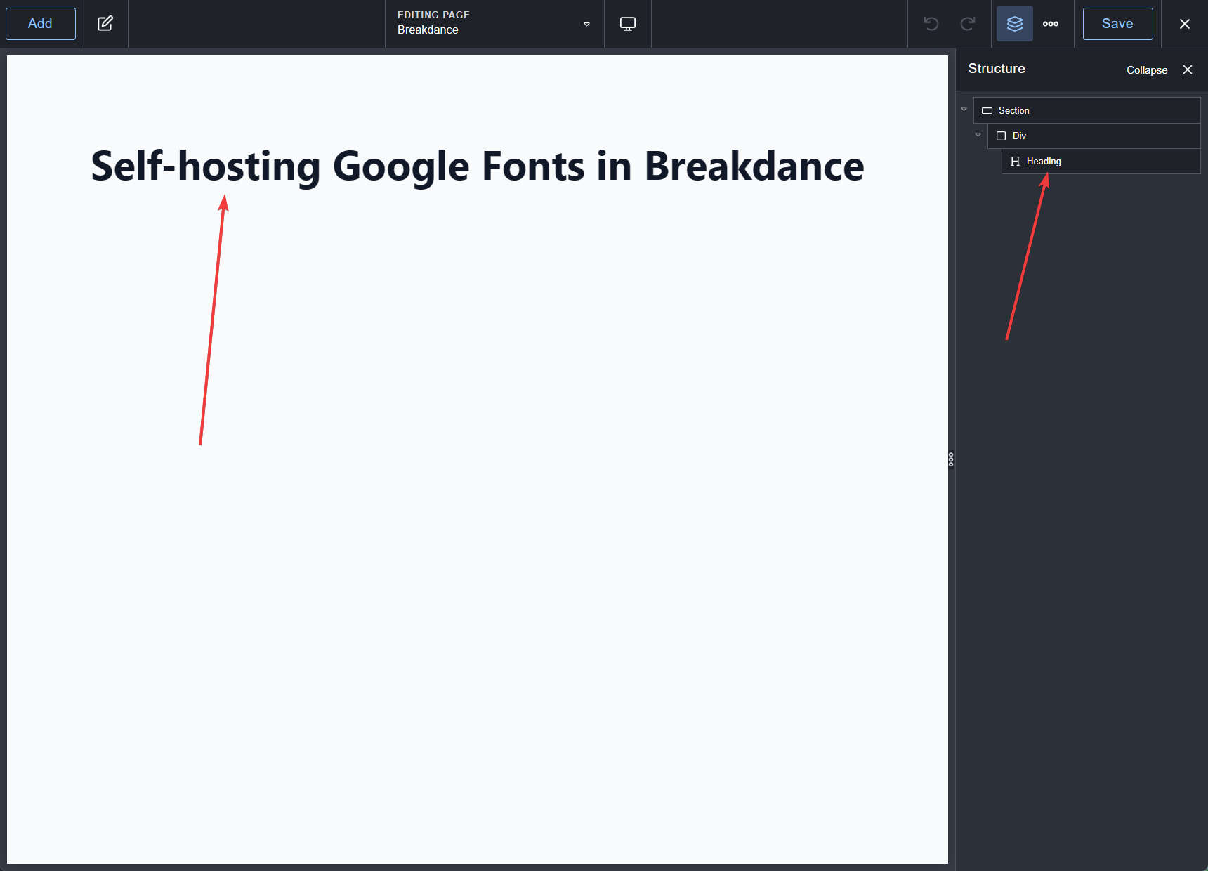 Choose the text element in Breakdance