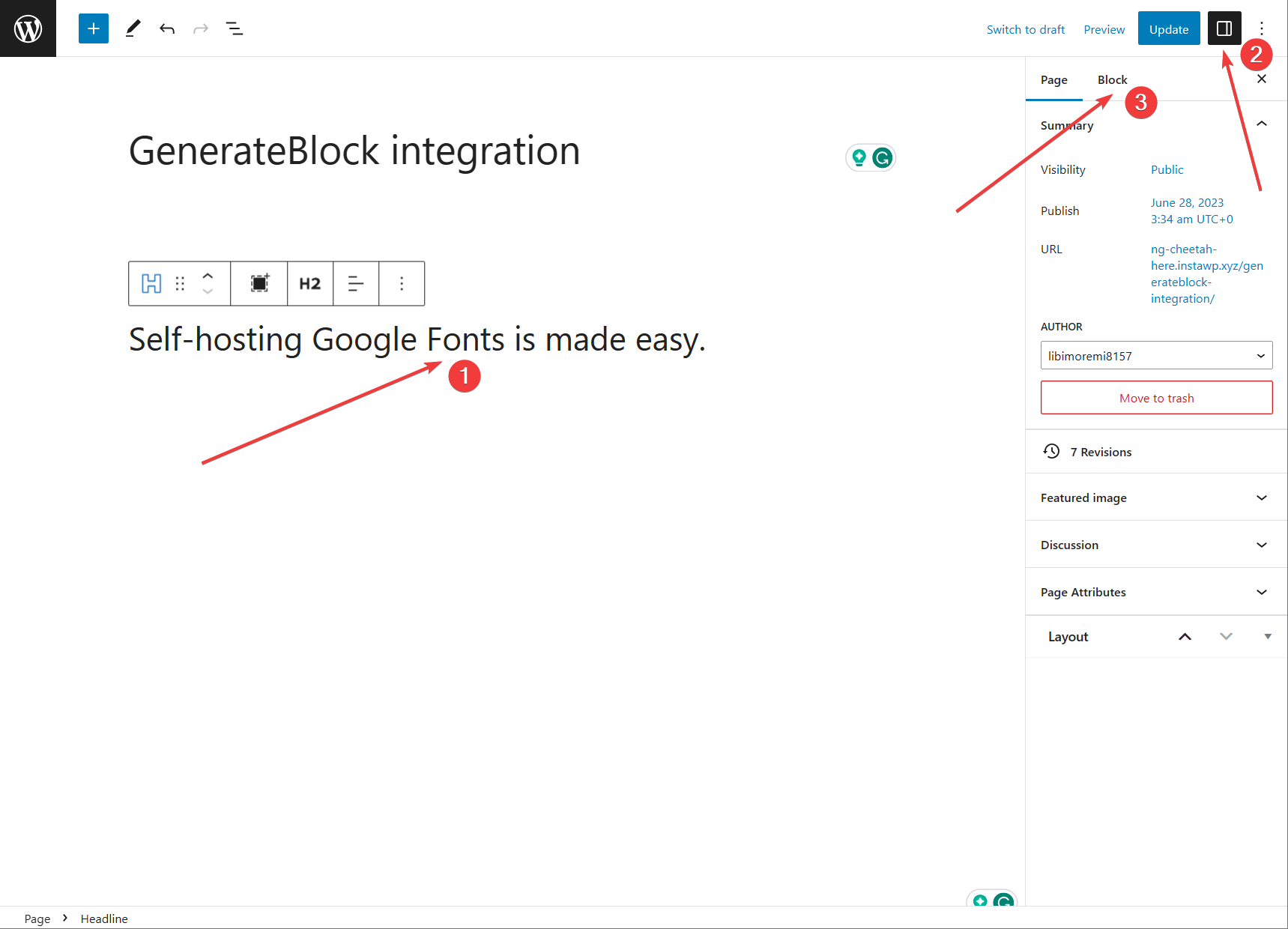 Open the Block setting panel