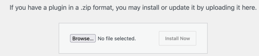 WordPress plugin ZIP upload form with a file chooser and an Install Now button