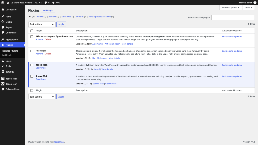 WordPress Plugins list showing Jooosi Icon active.