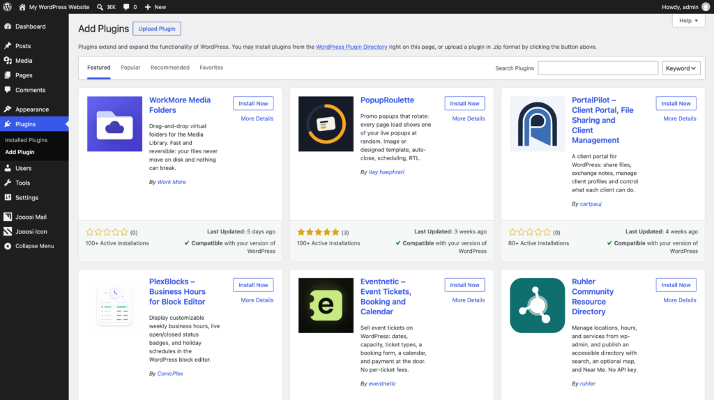 WordPress Add Plugins screen before searching for Jooosi Icon.