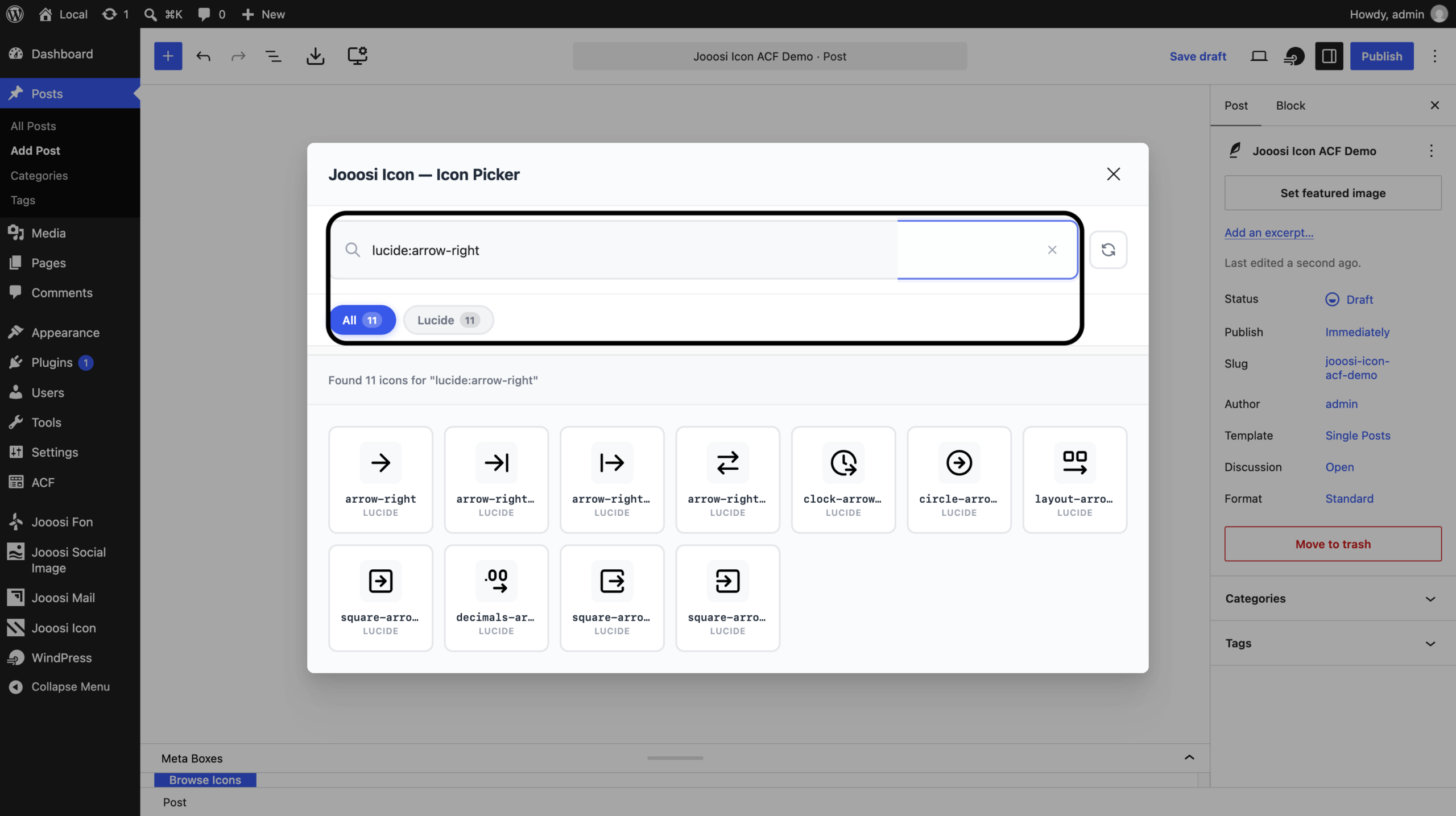 ACF edit screen with the Jooosi Icon picker open, searching for lucide:arrow-right and showing matching Lucide icons.