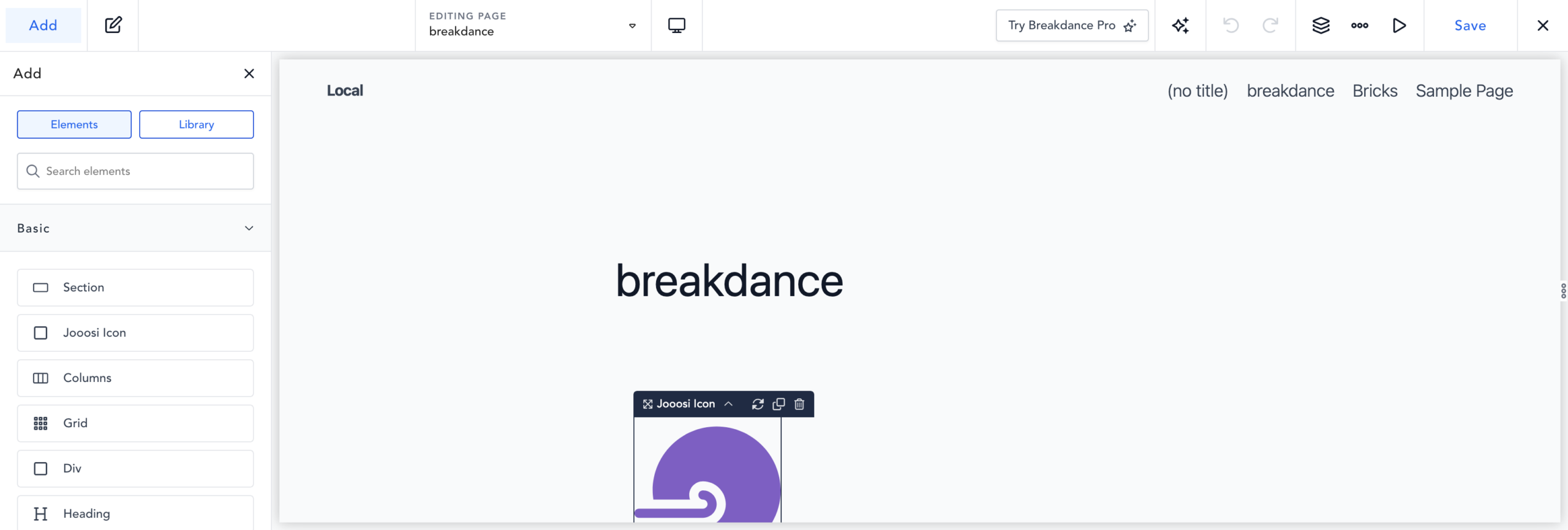Breakdance Elements panel with Jooosi Icon listed in the Basic category.