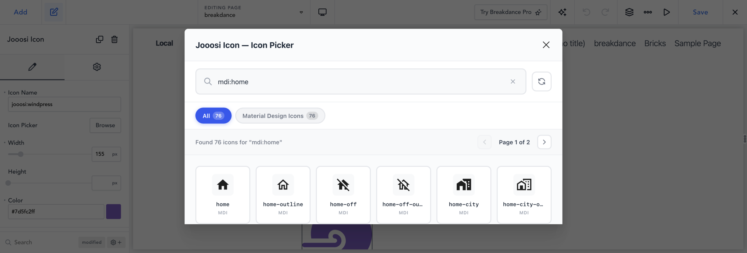 Jooosi Icon picker in Breakdance showing search results for mdi:home.