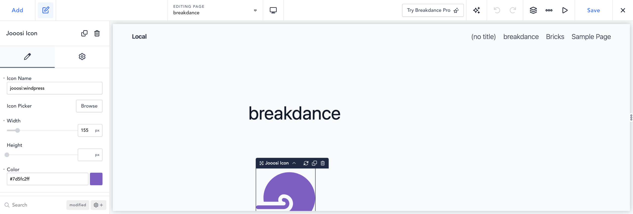 Breakdance Jooosi Icon settings with Icon Name, Width, Height, and Color controls.