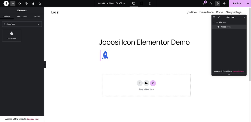 Elementor’s Elements panel filtered to Jooosi Icon, with the widget ready to add to the layout.