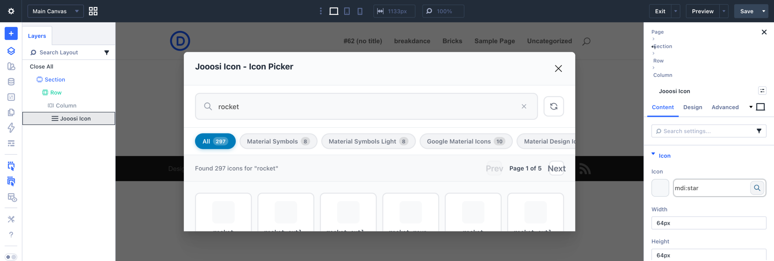 Screenshot annotation: Divi 5's Jooosi Icon picker is open with rocket in the search field and collection filters visible.