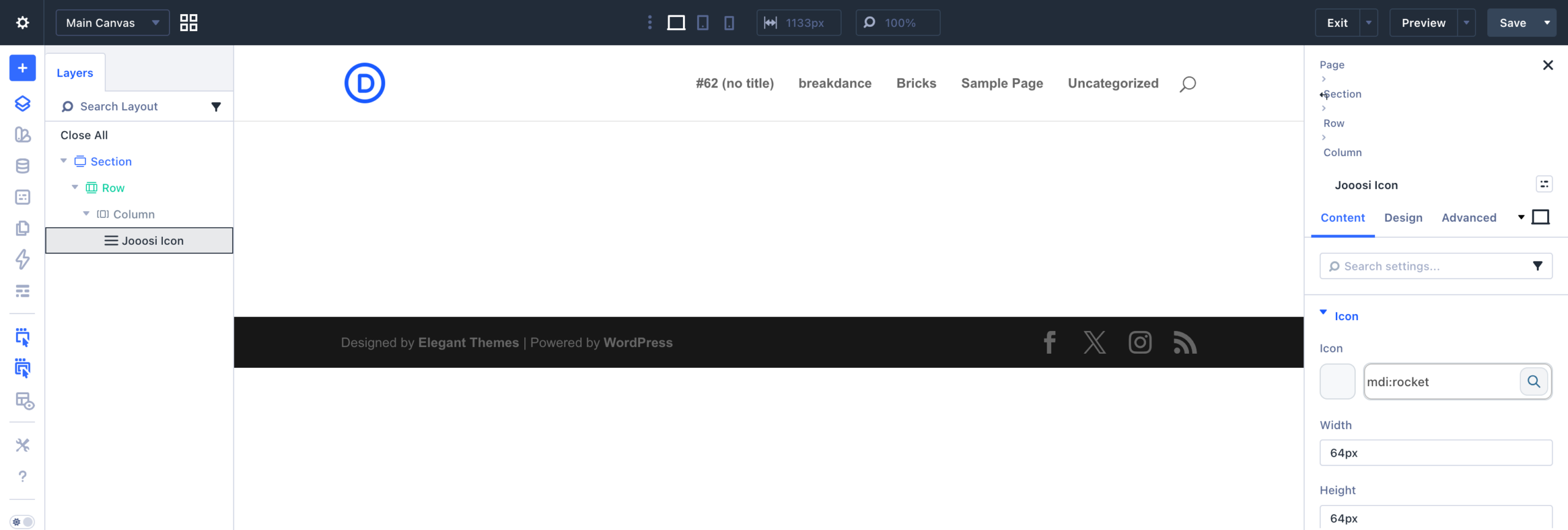 Screenshot annotation: Divi 5's Jooosi Icon settings show mdi:rocket with Width and Height set to 64px.