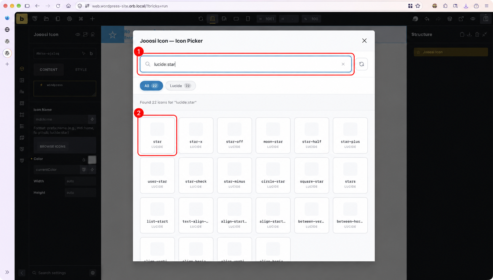 Icon picker with a star icon search result highlighted.