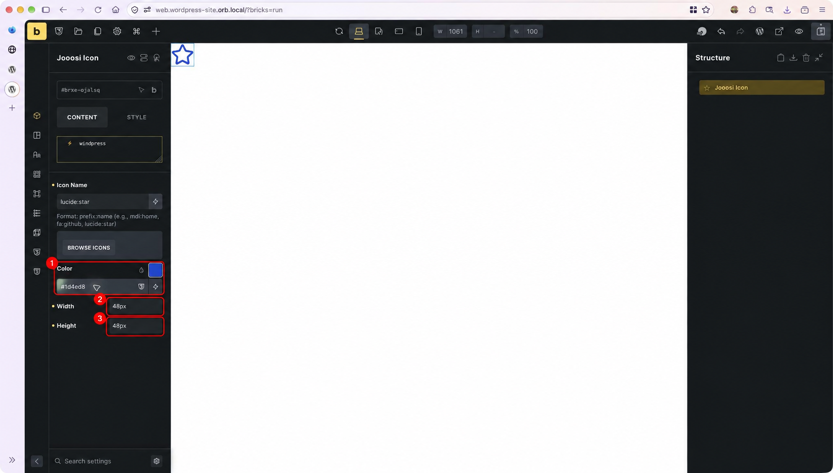 Jooosi Icon settings showing color #1d4ed8, width 48px, and height 48px.