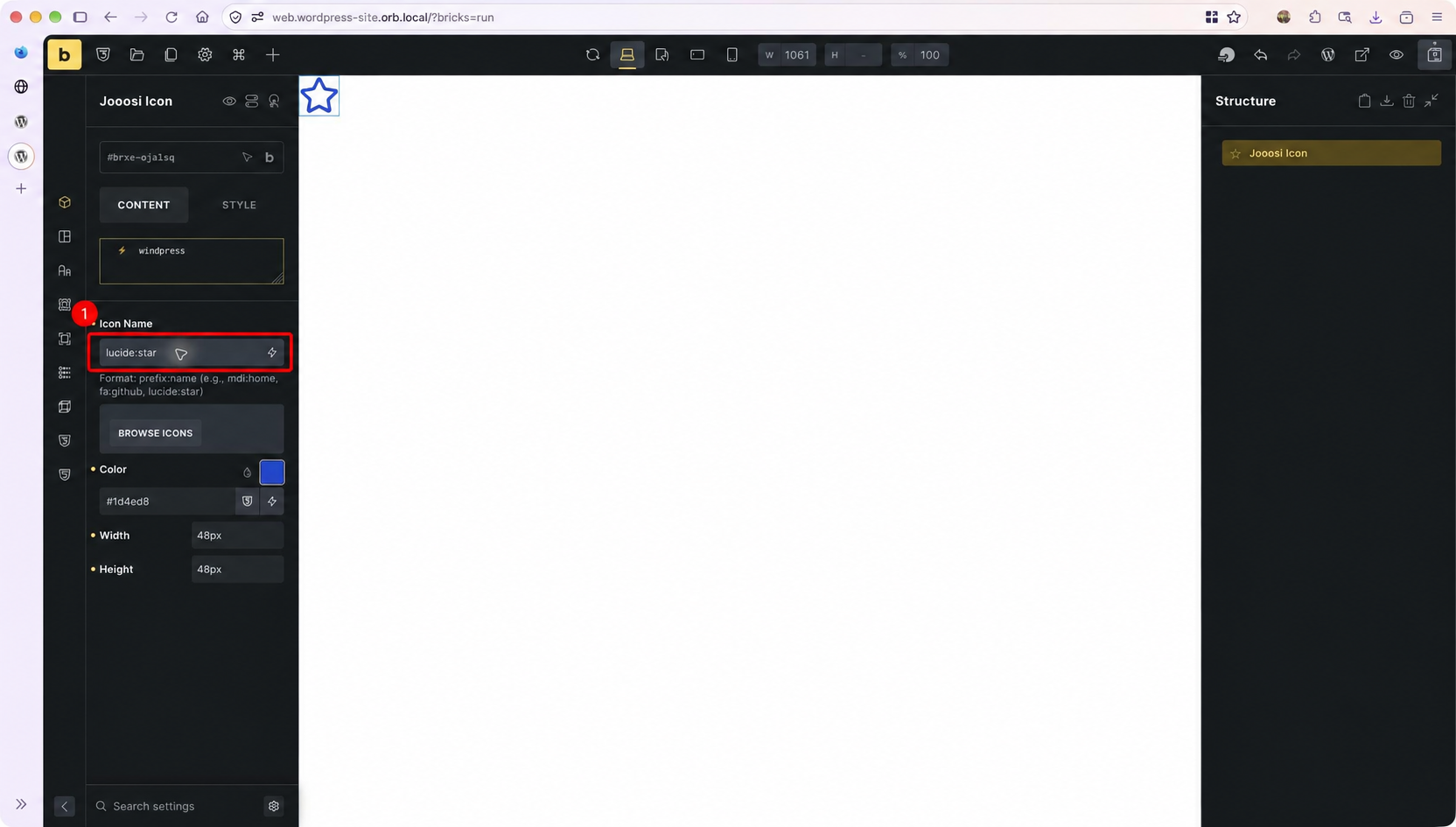Icon Name field set to lucide:star with the accepted prefix:name format highlighted.
