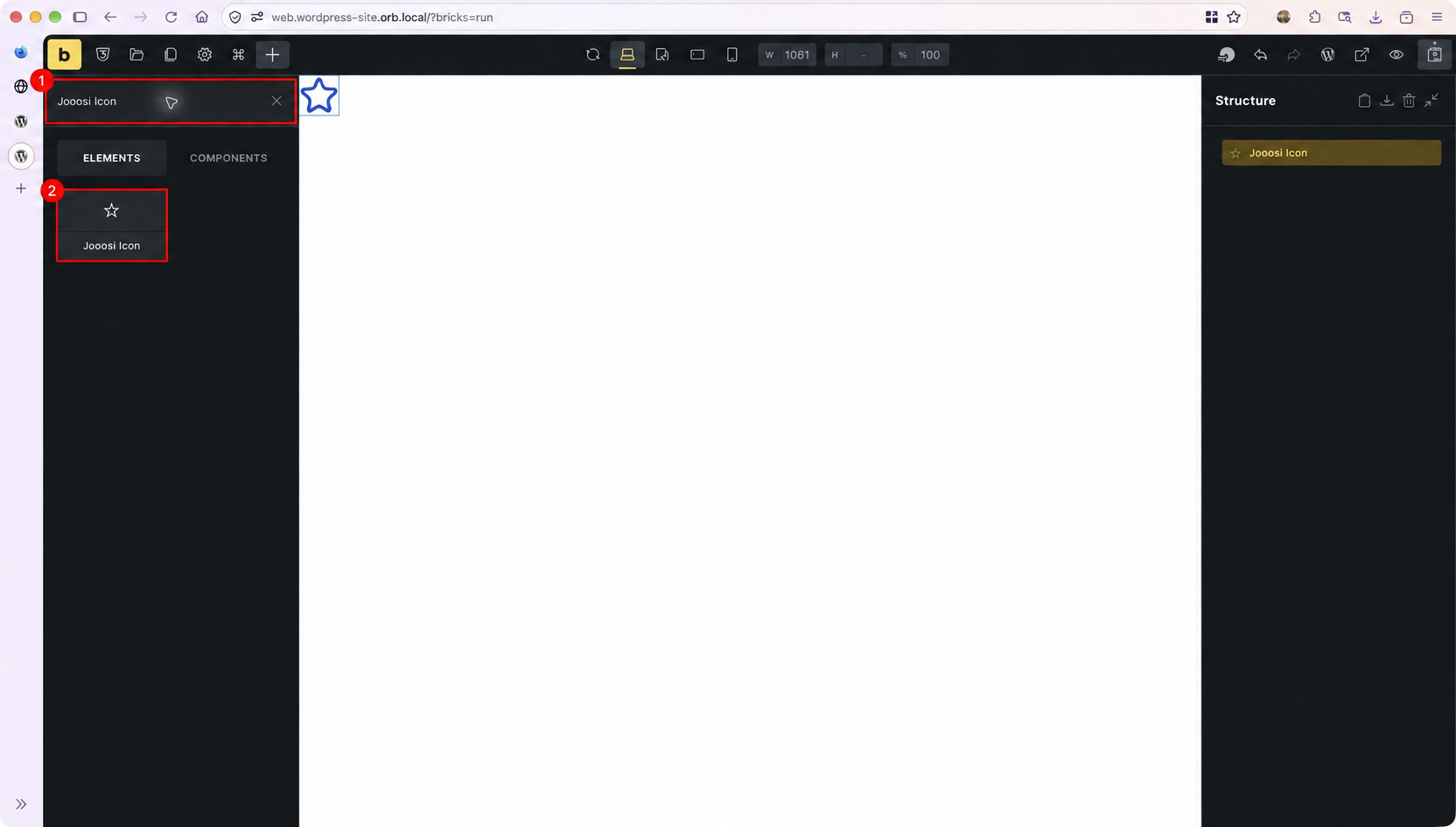 Bricks Elements panel with Jooosi Icon highlighted in the search results.