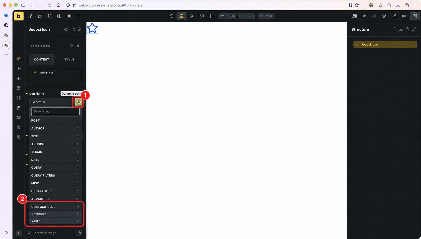 Bricks dynamic data picker open beside Icon Name, showing custom fields and available tags.