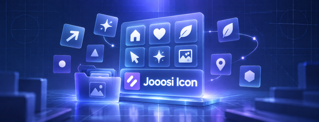 Jooosi Icon WordPress plugin illustration with the Jooosi Icon wordmark and blue-violet app icons