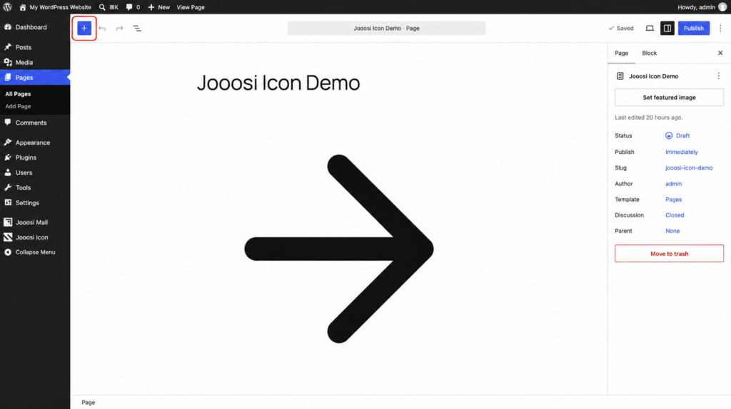 WordPress block editor with the add-block inserter button outlined.