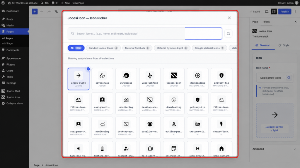 Jooosi Icon picker dialog open from the block's General settings, with the picker outlined.