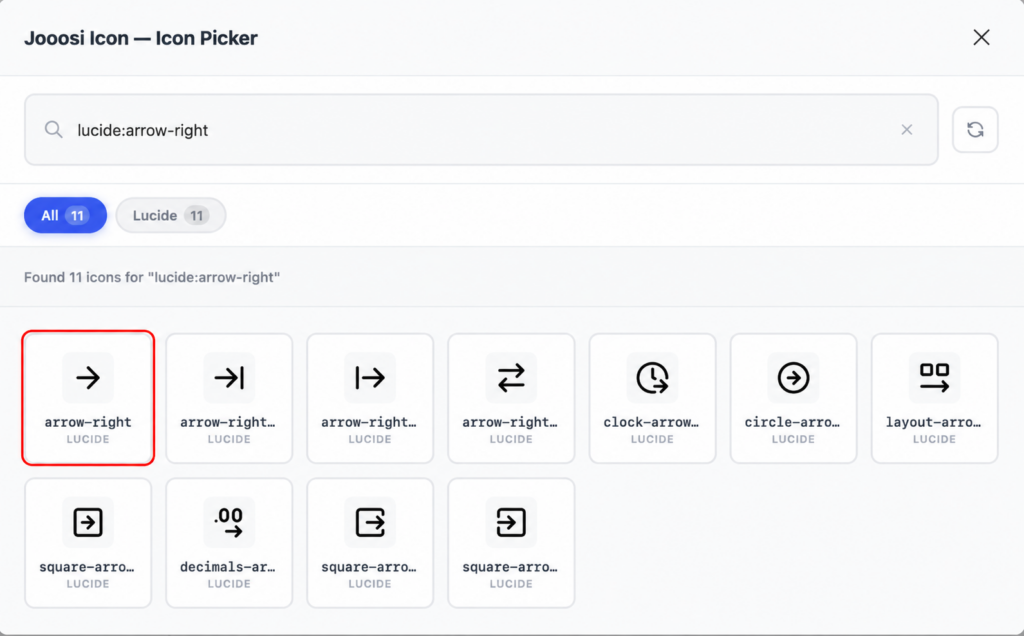 Icon picker search results with the lucide arrow-right icon outlined.