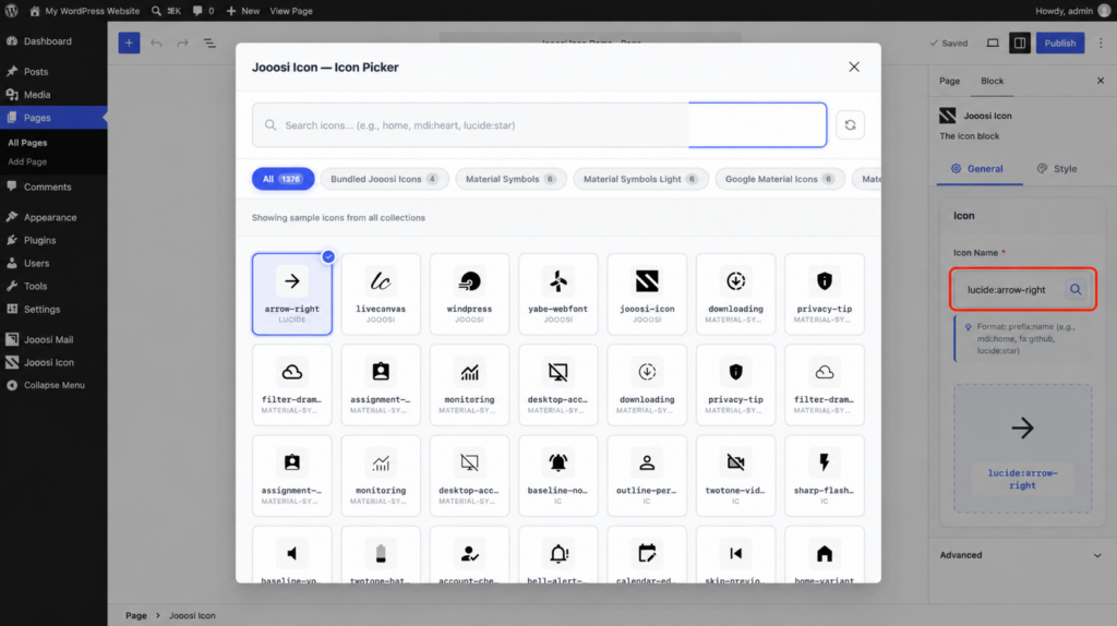 Gutenberg Icon Name field with lucide:arrow-right entered and outlined.