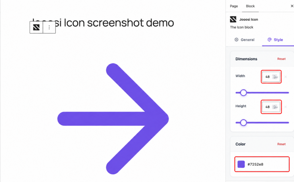 Jooosi Icon Style settings with the Width, Height, and Color controls outlined.