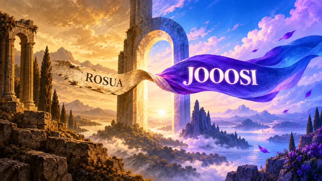 A weathered Rosua banner unfolding into a vivid Jooosi future