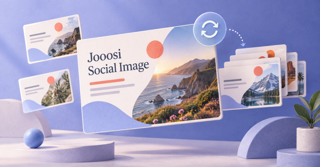 Jooosi Social Image illustration with a branded coastal preview card, smaller image layouts, and a refresh symbol.