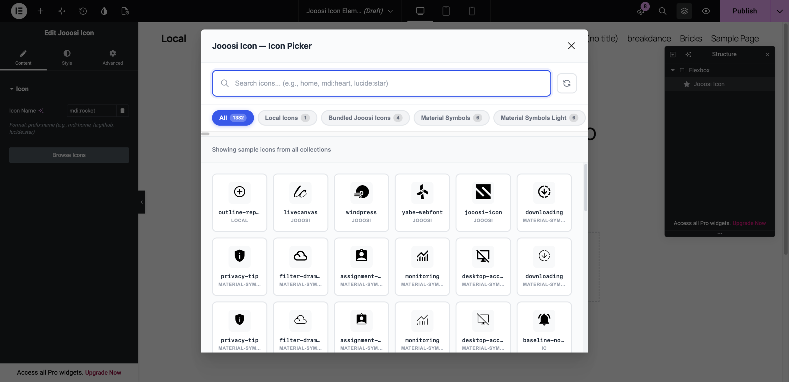 Elementor editor with the Jooosi Icon picker open, showing collection filters, a search field, and sample icons.