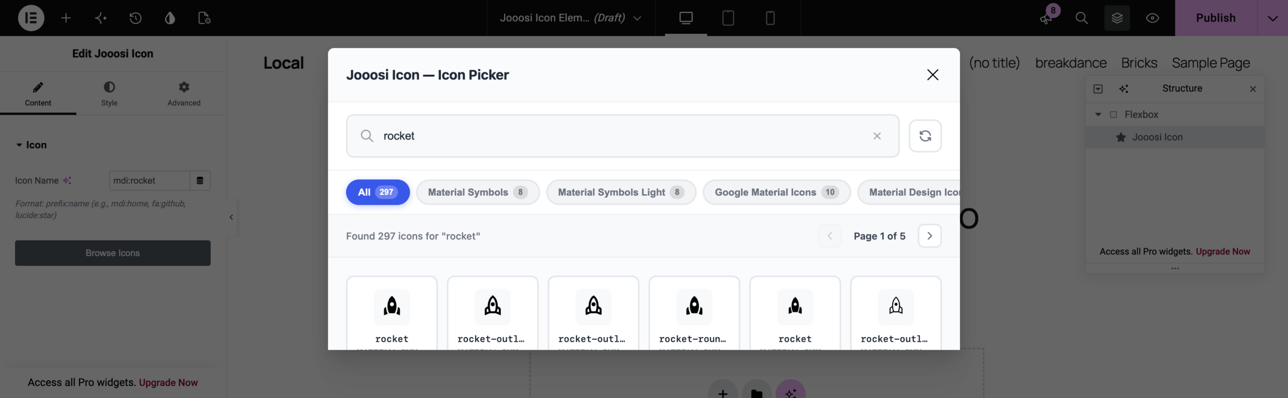 Elementor Style tab showing Jooosi Icon color, 64 px width and height, responsive controls, and rocket preview.